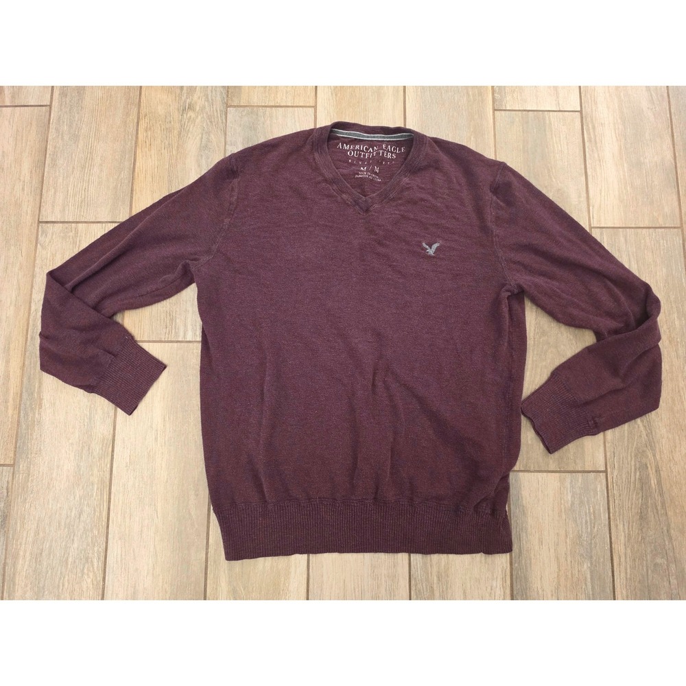 American Eagle Outfitters Mens V-Neck Sweater Burgundy Maroon Cotton 9480 Medium